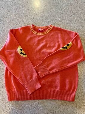 THML Smiley Face Sweater Bright Orange Knit Crewneck Size Small NWOT